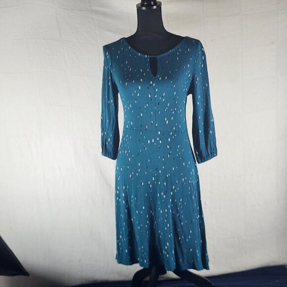 Apt. 9 Teal Brown White Dots Notch Front Keyhole Back Rayon Span Lined Dress XS - Picture 1 of 16